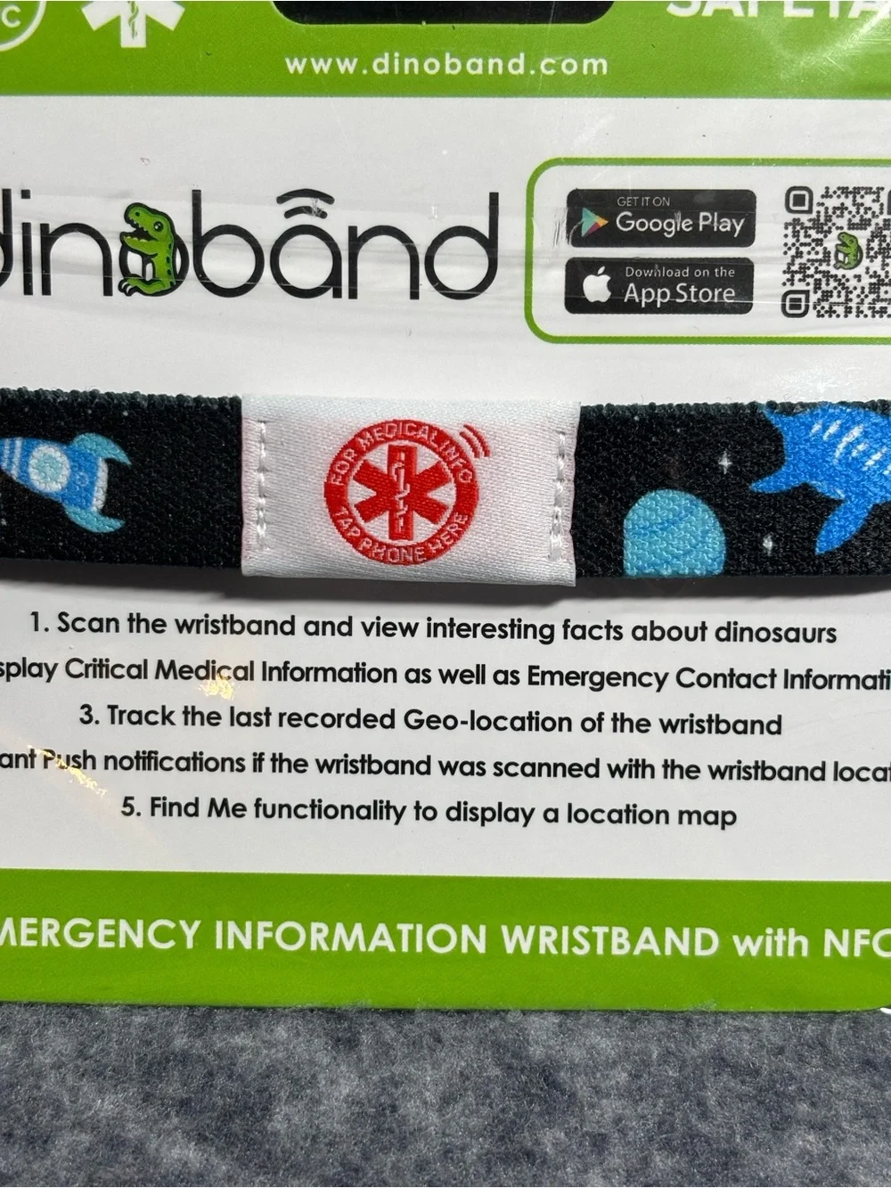 SAFETAG NFC Emergency Wristband - Black with Blue Dinosaur Pattern
